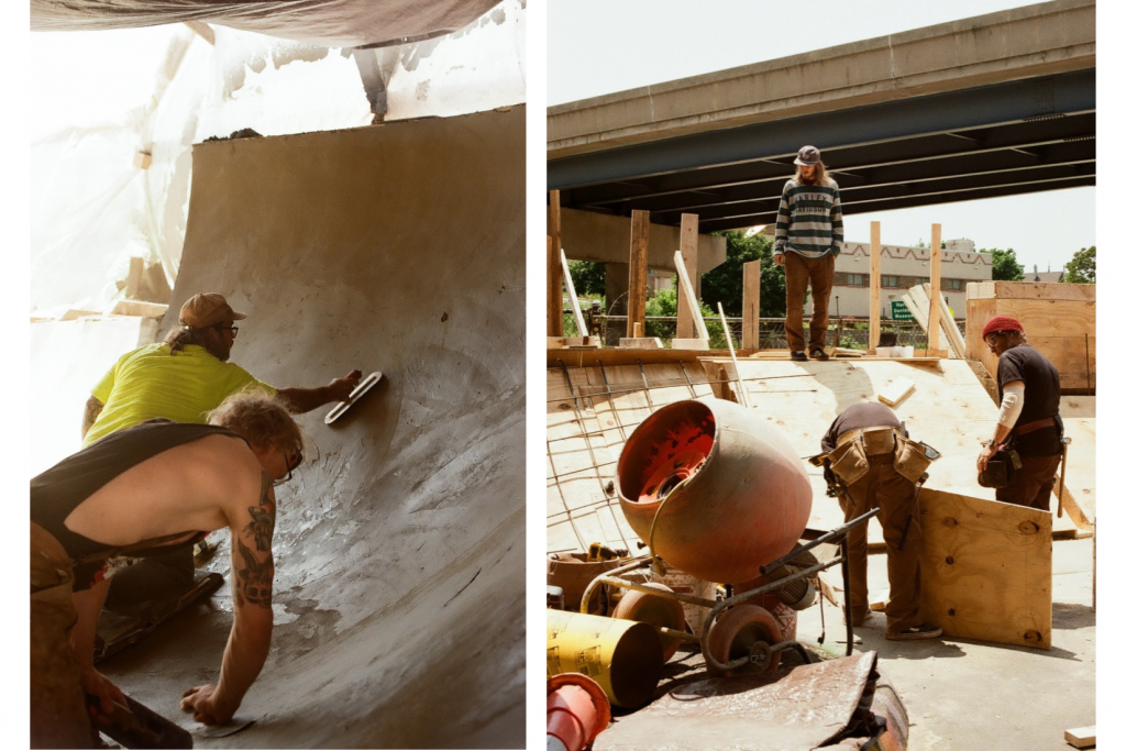 Volunteers smooth concrete over a ramp, left, and construct transitions, right, at the National DIY Skatepark in Milwaukee’s Walker’s Point neighborhood. Photo courtesy of Emmy Yates