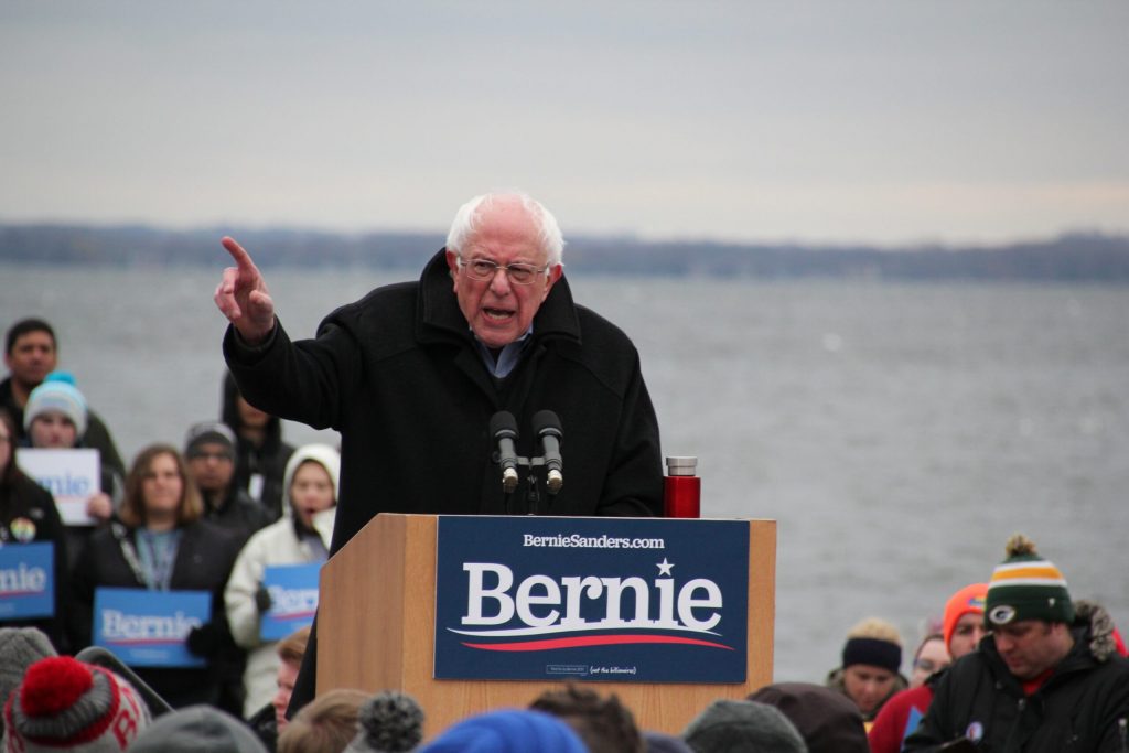 Vermont U.S. Sen. Bernie Sanders speaks to supporters Friday, April 12, 2019, at James Madison Park in Madison, Wis. It was Sanders’ first stop in Wisconsin during his 2020 presidential campaign. He won Wisconsin’s Democratic primary in 2016. Shawn Johnson/WPR
