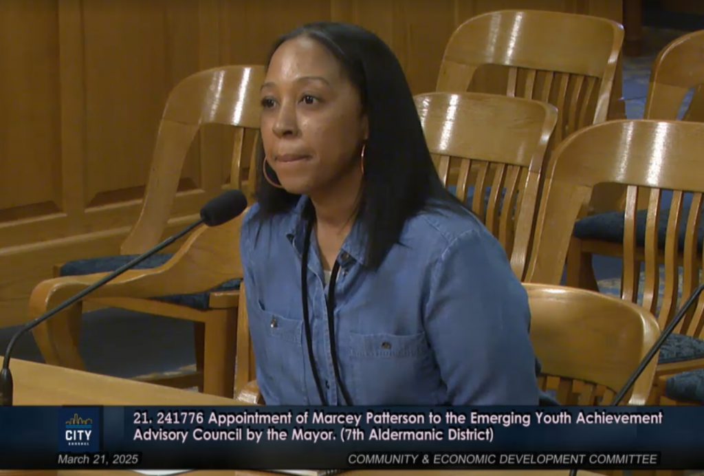 Marcey Patterson appears before the Community & Economic Development in March 2025. Image from City of Milwaukee City Channel, City Clerk's Office.