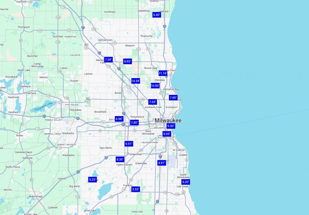 MMSD rain gauge totals for Aug. 9 and 10. Image from MMSD website.