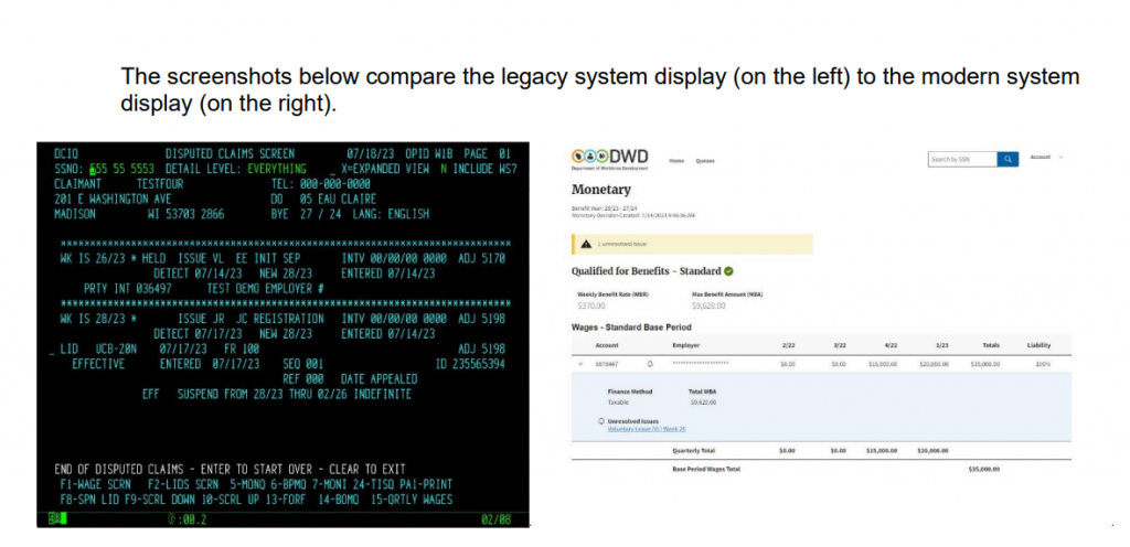 This image from a document the state Department of Workforce Development sent to the state Legislature shows the difference between the old user interface, left, and the new one, right. Photo courtesy of the Department of Workforce Development