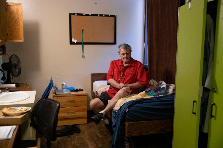 Randy Nelson, an Army veteran, poses for a portrait in his room, Monday, Aug. 25, 2025, at Klein Hall in Chippewa Falls, Wis. (Joe Timmerman / Wisconsin Watch)