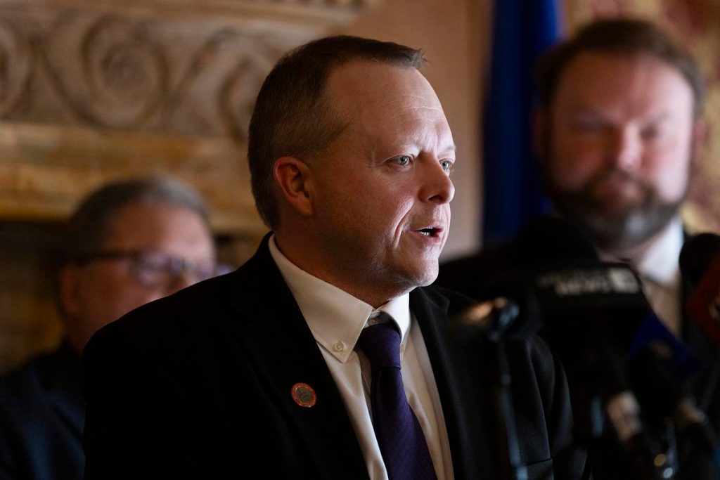 Republican Rep. Scott Krug, who serves as assistant majority leader, addresses the press before the Wisconsin Assembly convenes for a floor session Jan. 14, 2025, at the State Capitol in Madison, Wis. (Joe Timmerman / Wisconsin Watch)