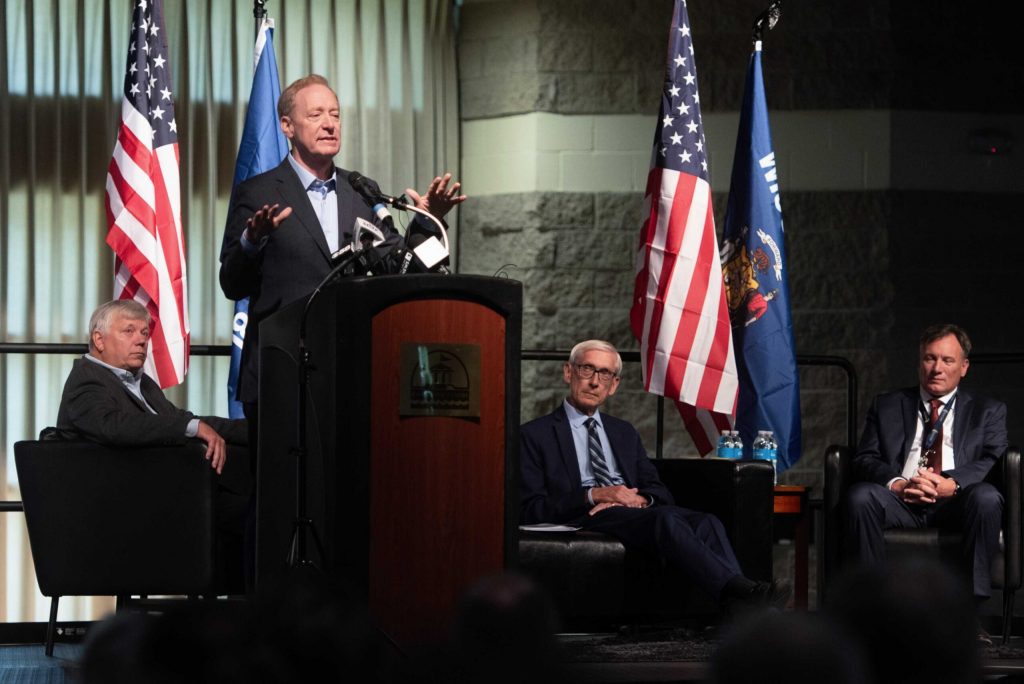 Brad Smith, Vice Chair and President of Microsoft, speaks Thursday, Sept. 18, 2025, in Racine, Wis. Angela Major/WPR