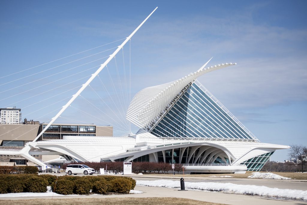 The sun shines on the Milwaukee Art Museum on the day of its re-opening to the public after months of closure due to COVID-19 on Friday, March 5, 2021. Angela Major/WPR