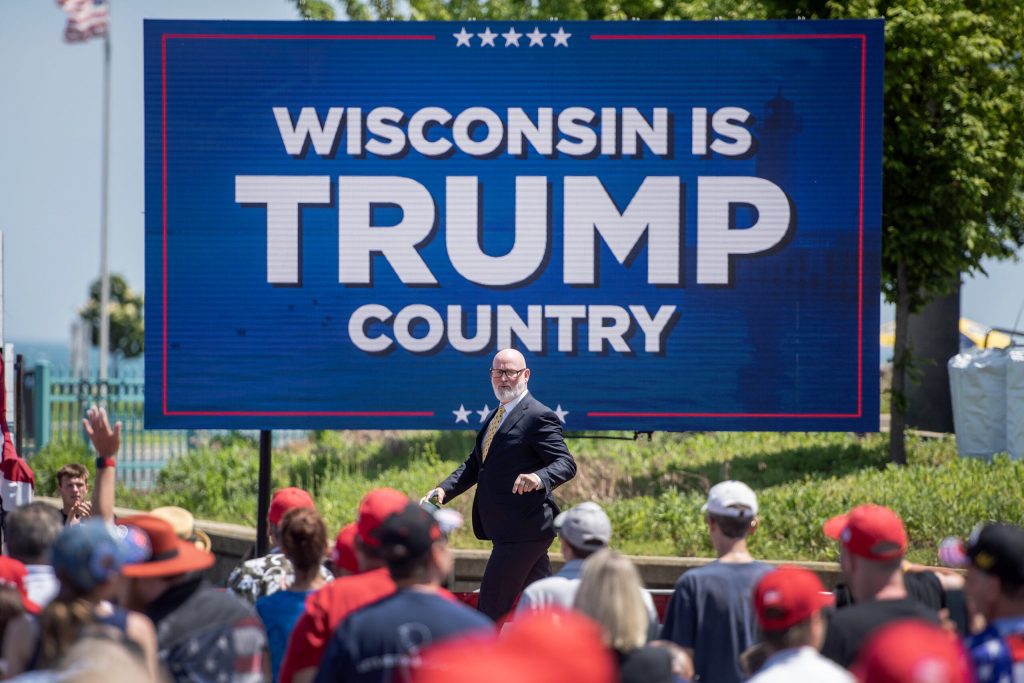 Republican U.S. Rep. Derrick Van Orden appears at a campaign rally for former President Donald Trump on Tuesday, June 18, 2024, in Racine, Wis. Angela Major/WPR