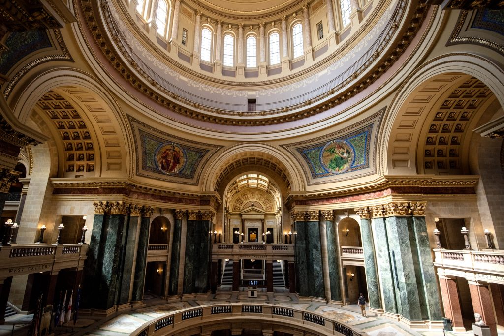 Light shines through windows inside the Wisconsin State Capitol on Monday, July 14, 2025, in Madison, Wis. Angela Major/WPR
