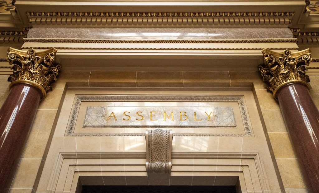 The door to the Wisconsin State Assembly on Monday, July 14, 2025, at the Wisconsin State Capitol in Madison, Wis. Angela Major/WPR
