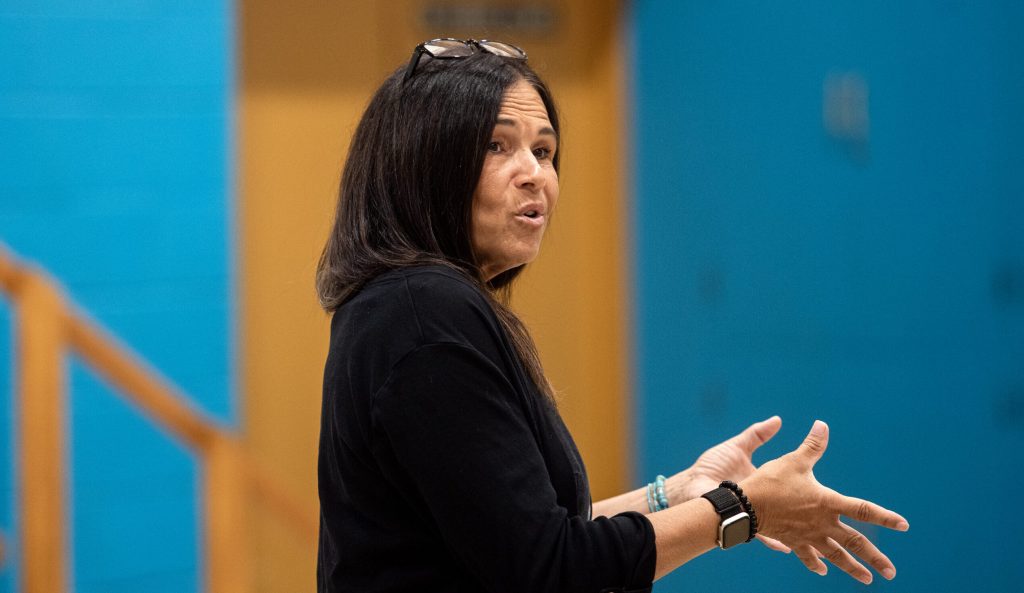 Milwaukee Public Schools Superintendent Brenda Cassellius answers questions from listening session attendees Monday, July 28, 2025, at Congress School in Milwaukee, Wis. Angela Major/WPR