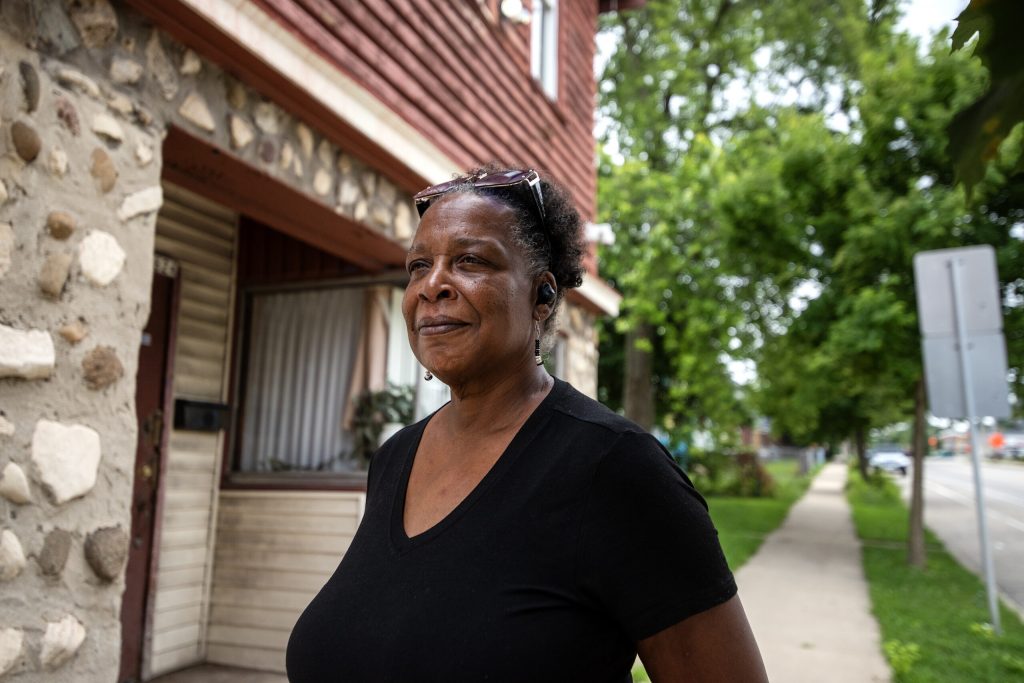 Debra Gillispie, founder of Mothers Against Gun Violence, stands Monday, Aug. 18, 2025, in the location where her son, Kirk Patrick Bickham Jr., was shot and killed in 2003 in Milwaukee, Wis. Angela Major/WPR