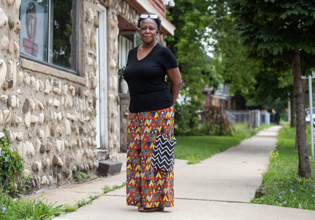 Debra Gillispie, founder of Mothers Against Gun Violence, stands Monday, Aug. 18, 2025, in the location where her son, Kirk Patrick Bickham Jr., was shot and killed in 2003 in Milwaukee, Wis. Angela Major/WPR