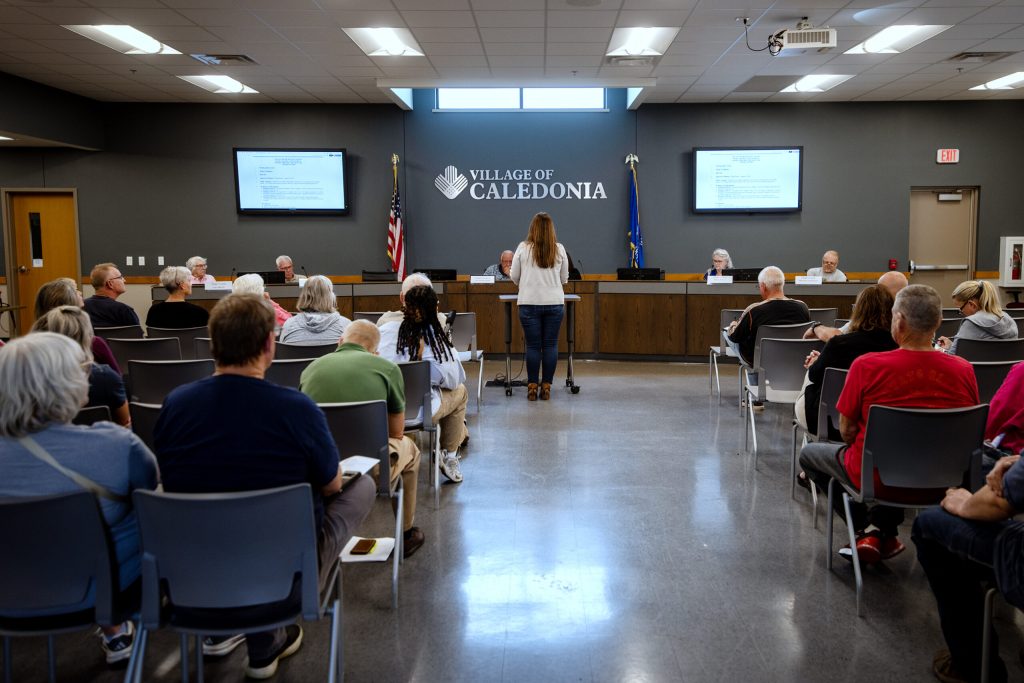 Residents speak about a proposed data center during a village board meeting Tuesday, Sept. 9, 2025, in Caledonia, Wis. Angela Major/WPR