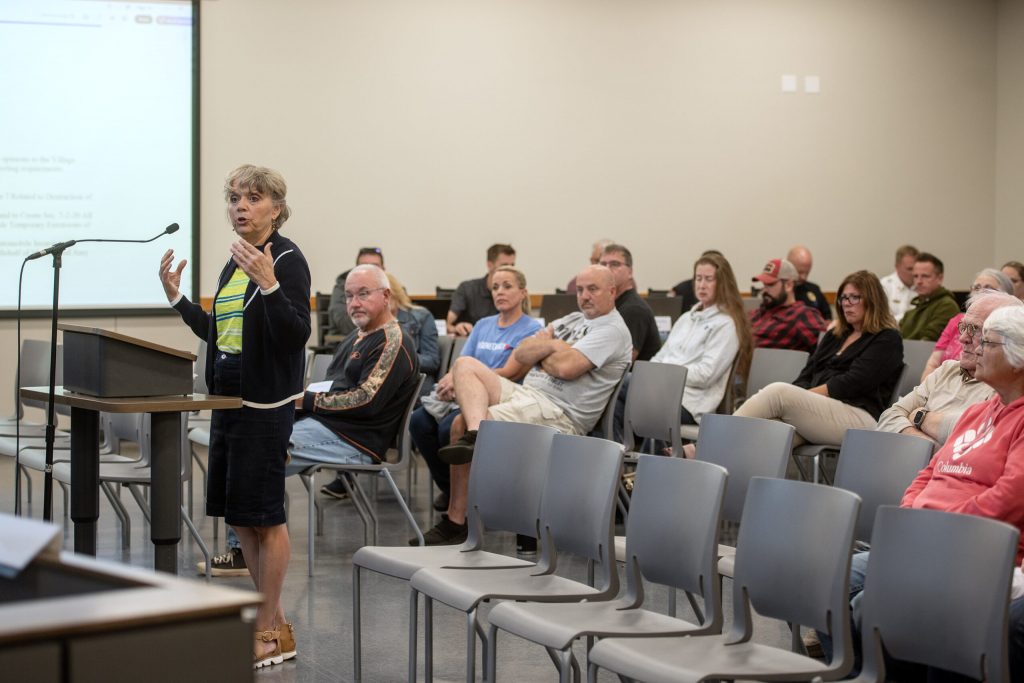 Residents speak about a proposed data center during a village board meeting Tuesday, Sept. 9, 2025, in Caledonia, Wis. Angela Major/WPR