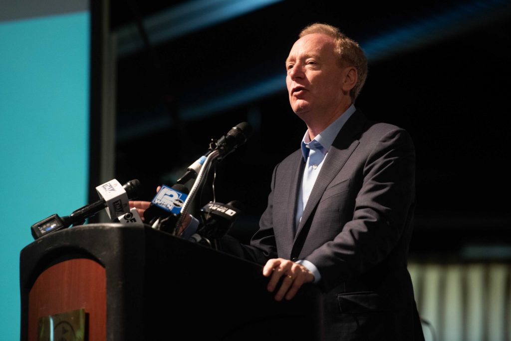 Brad Smith, vice chair and president of Microsoft, speaks Thursday, Sept. 18, 2025, in Racine, Wis. Angela Major/WPR