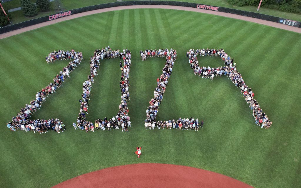 Freshmen entering Carthage College this fall make up the Class of 2029, as shown in this aerial photo during New Student Orientation. Photo courtesy of Carthage College.