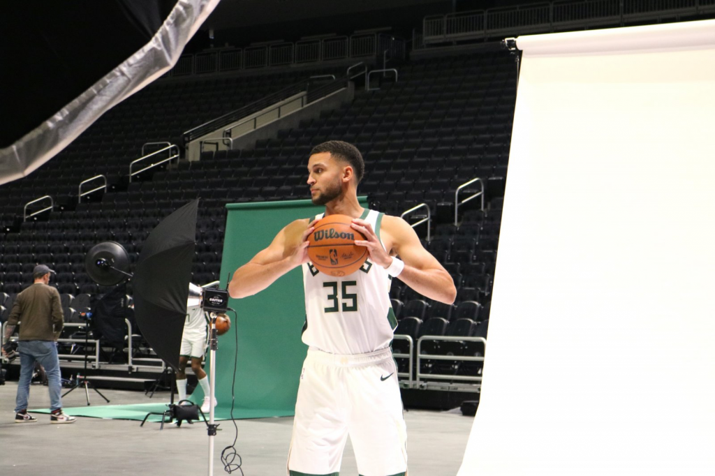Pete Nance poses for photos during Media Day at Fiserv Forum. Photo taken Sept. 29, 2025 by Sophie Bolich.