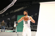 Pete Nance poses for photos during Media Day at Fiserv Forum. Photo taken Sept. 29, 2025 by Sophie Bolich.
