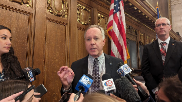 Assembly Speaker Robin Vos (R-Rochester) said Wednesday that the Evers administration is “drunk with power” and is upending a process “that has literally worked for generations.” Vos speaks to reporters in Jan. 2024. (Baylor Spears | Wisconsin Examiner)