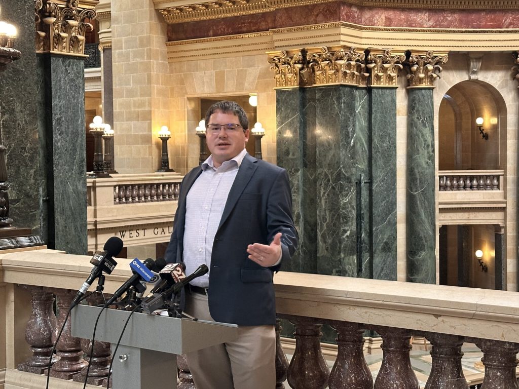 Sen. Mark Spreitzer, D-Beloit, addresses reporters about a GOP bill to process absentee ballots earlier than election day at the Wisconsin State Capitol in Madison, Wis., on Sept. 24, 2025. Anya van Wagtendonk/WPR