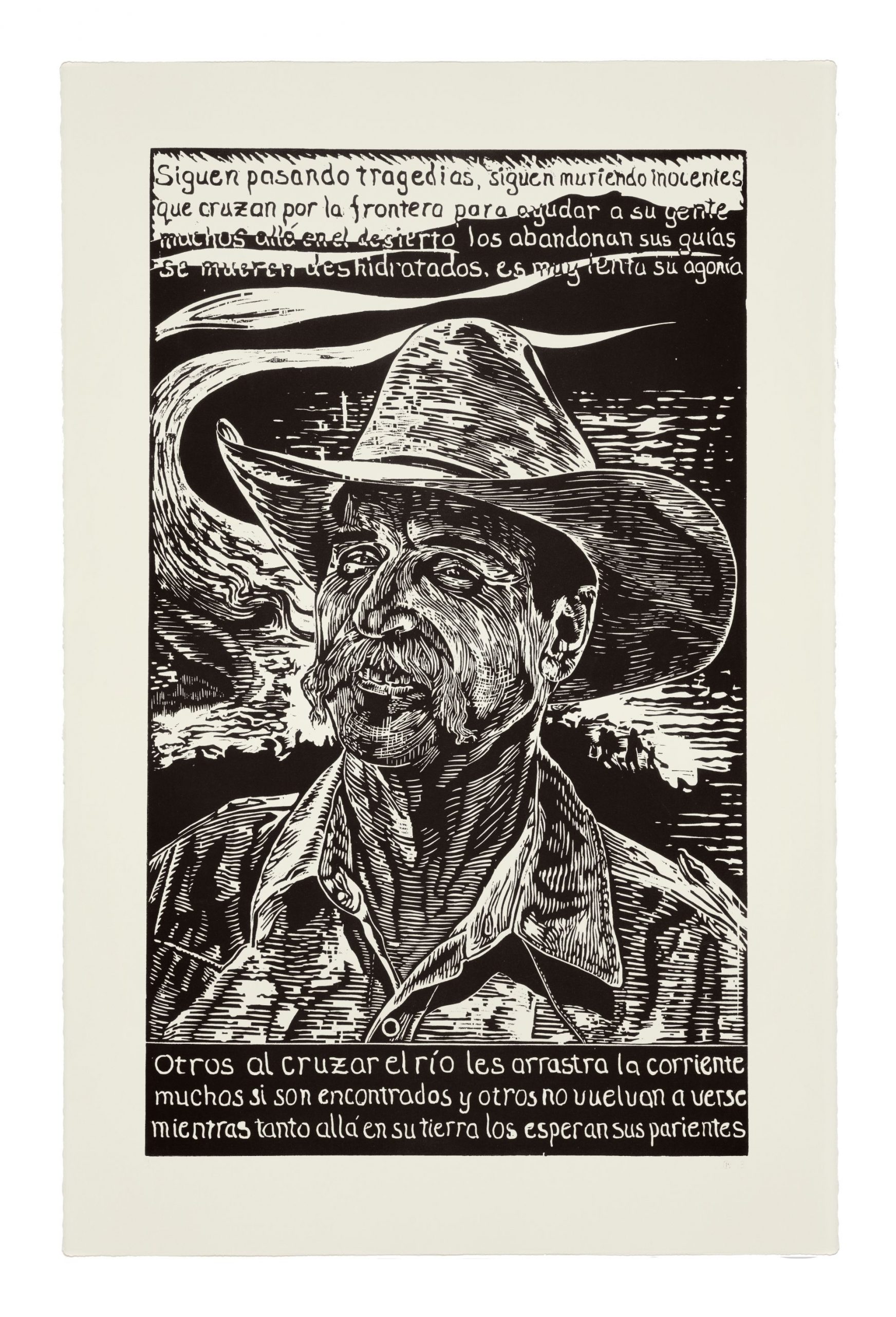 Image: Image: Raoul Deal, "Immigration Series #8", 2013, Woodcut, 40 x 26 1/4 inches, Courtesy of the artist