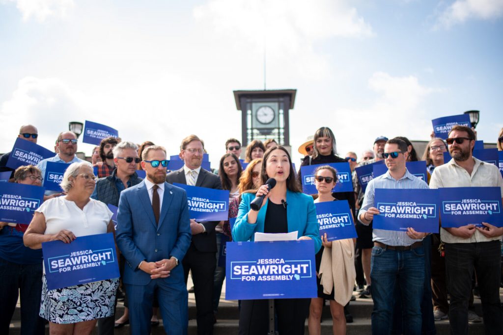 Jessica Seawright was joined at her launch event Monday by state Rep. Christine Sinicki (D-Milwaukee) and Sen. Chris Larson (D-Milwaukee). (Photo courtesy of campaign)