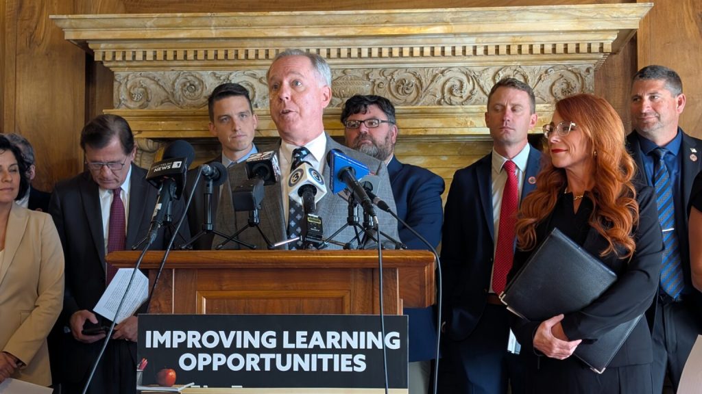 “They are not really focusing on the future. They are continuing to obsess about the past and the good work that we have done. Unlike where our Democratic colleagues are, we’re really looking at the issues that are important to the entire state of Wisconsin,” Assembly Speaker Robin Vos (R-Rochester) said during the press conference. (Photo by Baylor Spears/Wisconsin Examiner)