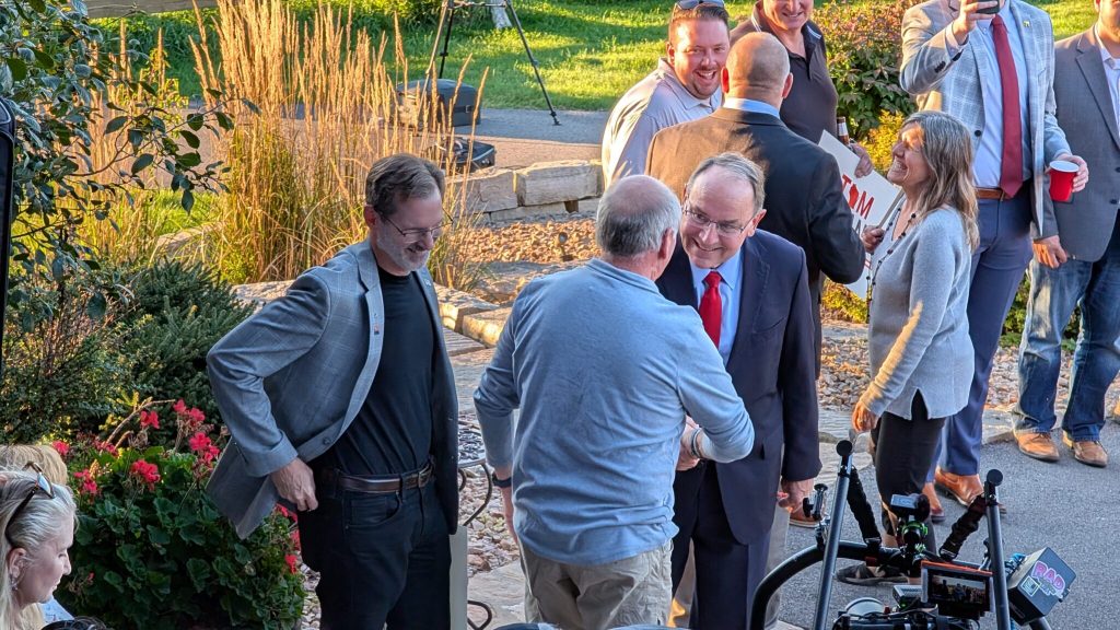 Tiffany shakes hands at his launch event in Wausau (Photo by Baylor Spears/Wisconsin Examiner)