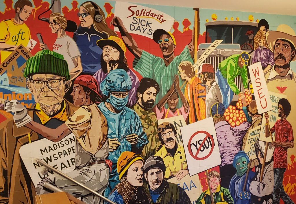Detail of a mural inside the Madison Labor Temple building celebrating unions and worker rights. (Wisconsin Examiner photo)
