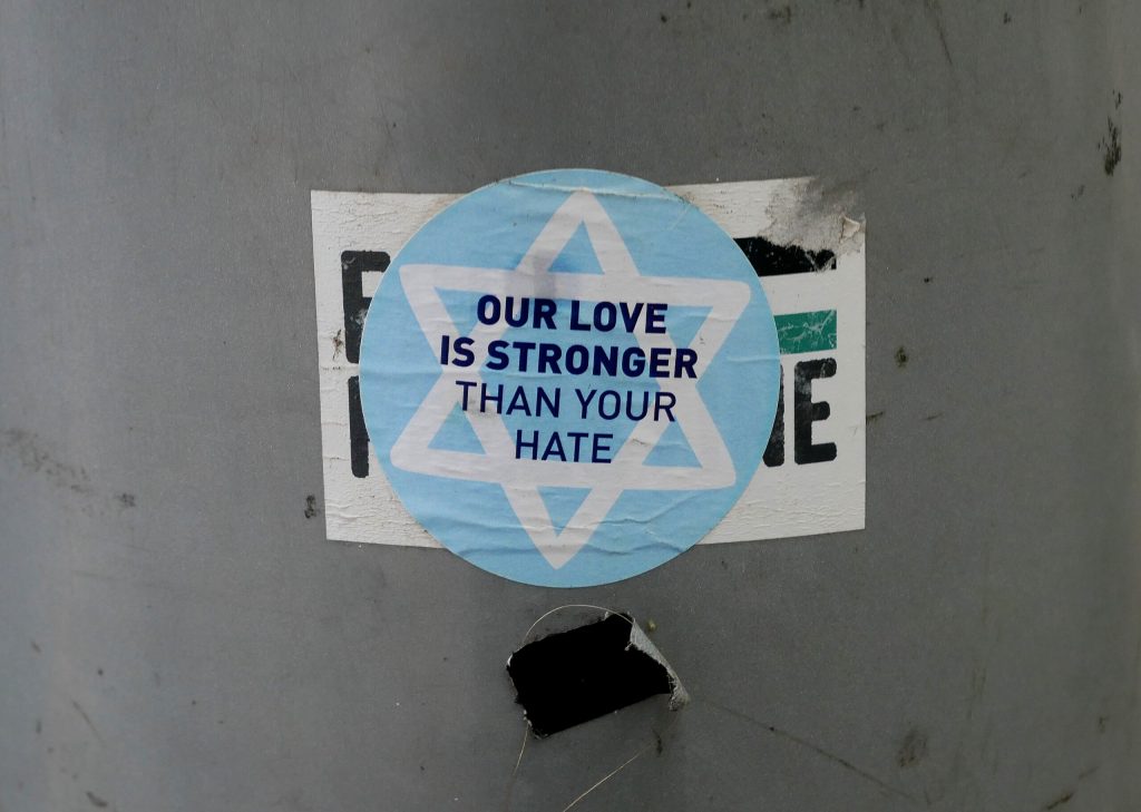 A sticker expressing opposition to anti-semitism. Photo by Doyle of London, CC BY-SA 4.0 , via Wikimedia Commons