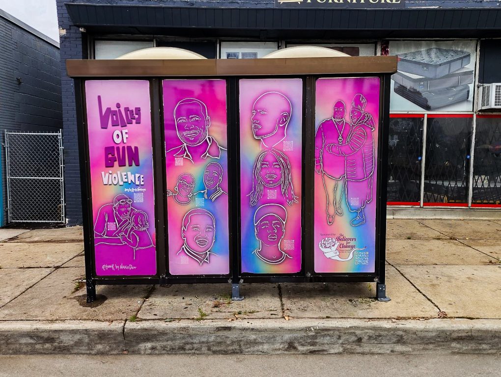 An interactive bus shelter display in Milwaukee, Wis. includes messages of remorse from perpetrators of gun violence, along with the stories of survivors. Photo courtesy of Debra Gillispie