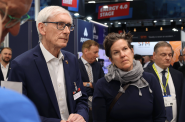 Gov. Tony Evers and Wisconsin Economic Development Corp. CEO Missy Hughes at the Hannover Messe trade show in Germany last week. (Photo courtesy of WEDC)