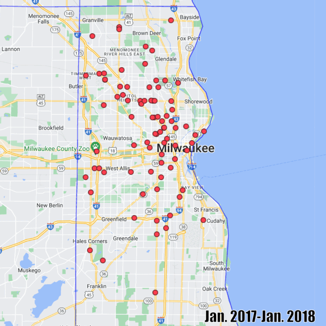 This gif shows the locations of traffic deaths in Milwaukee County during periods between 2017 and 2022, according to preliminary police crash reports compiled by the Wisconsin Department of Transportation and the University of Wisconsin-Madison — and plotted on a Google map. Screenshots from Wisconsin County Traffic Safety Commission Crash Mapping