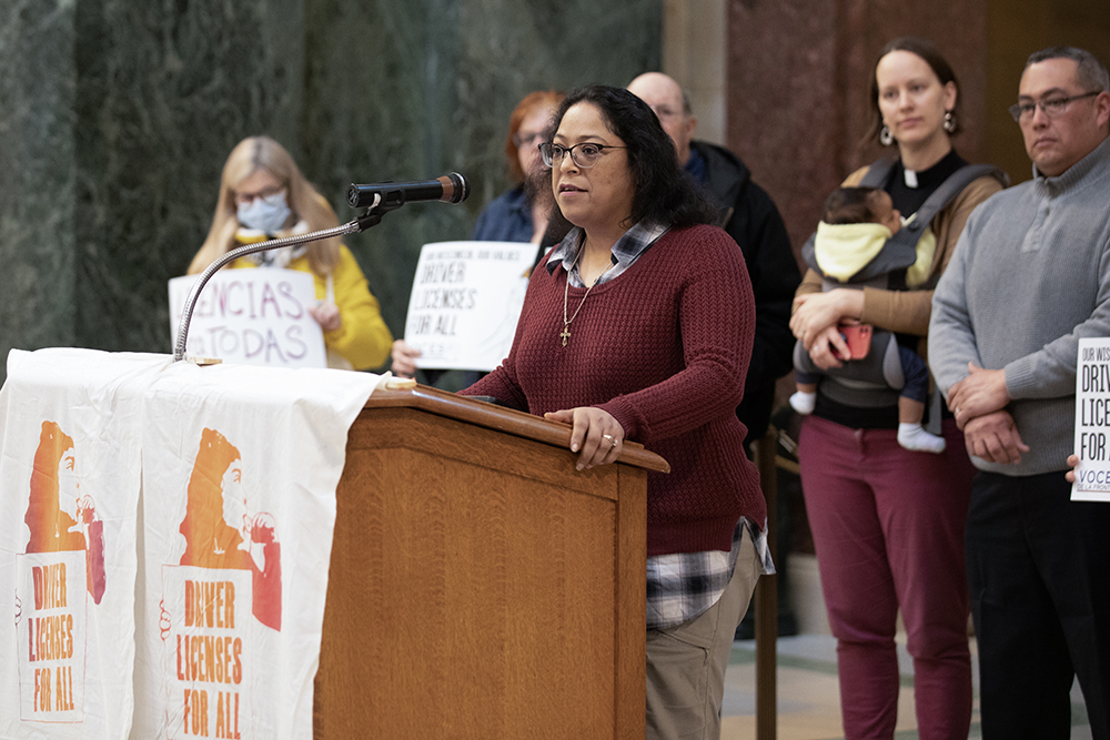 Rep. Sylvia Ortiz-Velez, D-Milwaukee, speaks at a press event for the Wisconsin Coalition for Safe Roads inside the Wisconsin State Capitol on Feb. 21, 2023. Amena Saleh/Wisconsin Watch