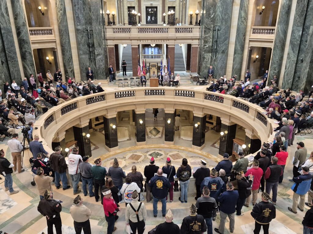 Gov. Tony Evers and Veterans Affairs Sec. James Bond spoke an event for veterans in the state Capitol on April 22, 2025. (Photo via Wisconsin Department of Veterans Affairs Facebook page)