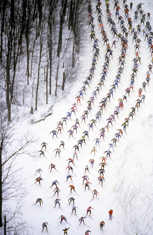 Viewed from above, skiers in the 1995 race appear to be moving in almost complete unison. Photo courtesy of American Birkebeiner Foundation