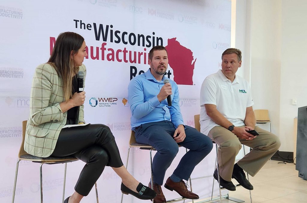 Speaking during a roundtable discussion on Tuesday, Sept. 30, 2025 are, from left, Kathryn Clouse with TitletownTech, Bill Feck with Packer Fastener and Mark Johnson with Village Companies. The event was held at TitletownTech in Ashwaubenon. Joe Schulz/WPR