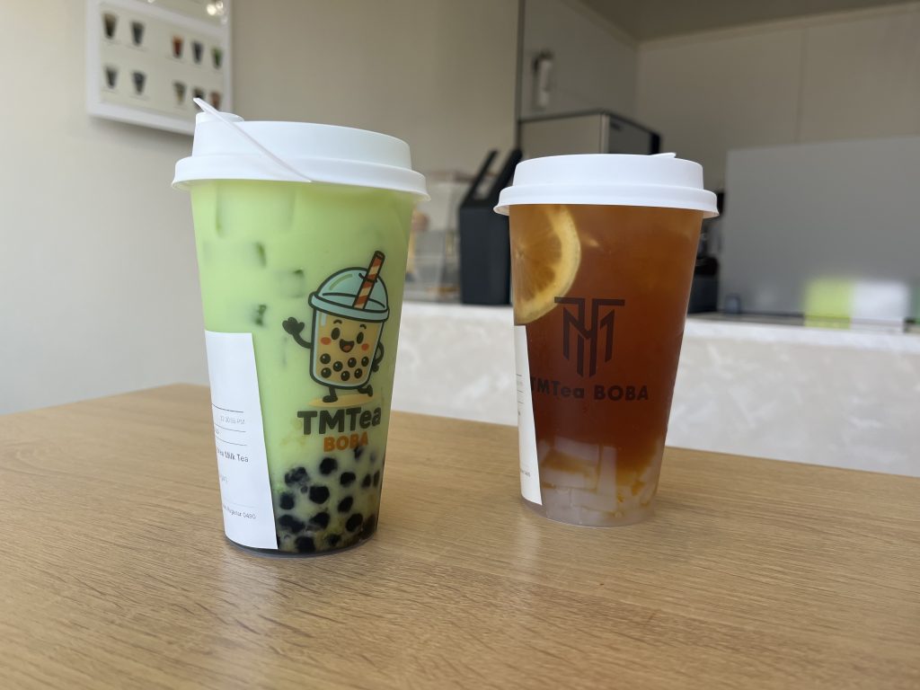 Honeydew milk tea and mango green tea with coconut jelly. Photo taken Oct. 31, 2025 by Sophie Bolich.
