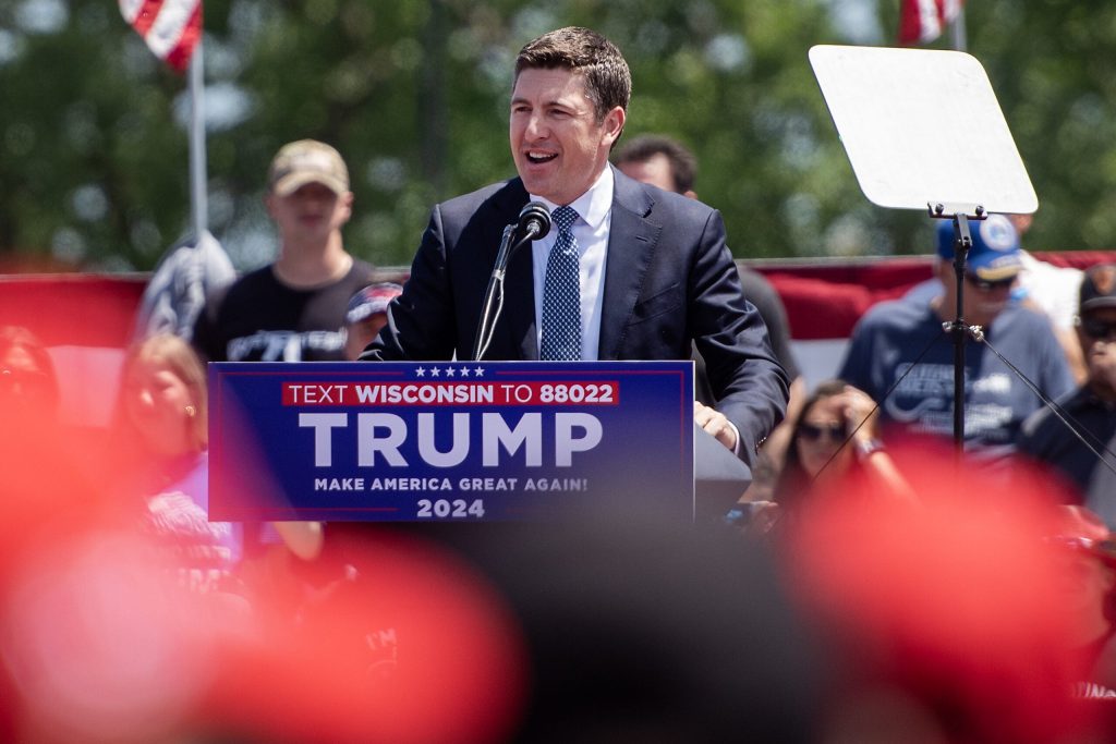 Republican U.S. Rep. Bryan Steil speaks to supporters before former President Donald Trump speaks at a campaign rally Tuesday, June 18, 2024, in Racine, Wis. Angela Major/WPR