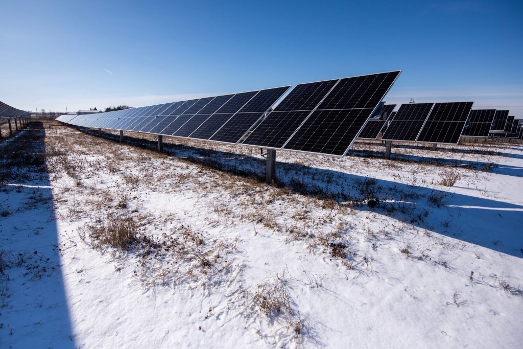 Solar panels are angled toward the sun Friday, Jan. 24, 2025, in Union Grove, Wis. Angela Major/WPR