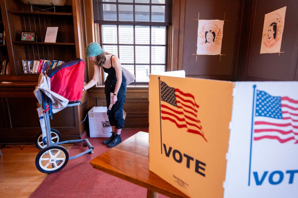 UW-Madison student Madeleine Afonso votes early in-person on campus Friday, March 28, 2025, in Madison, Wis. Angela Major/WPR