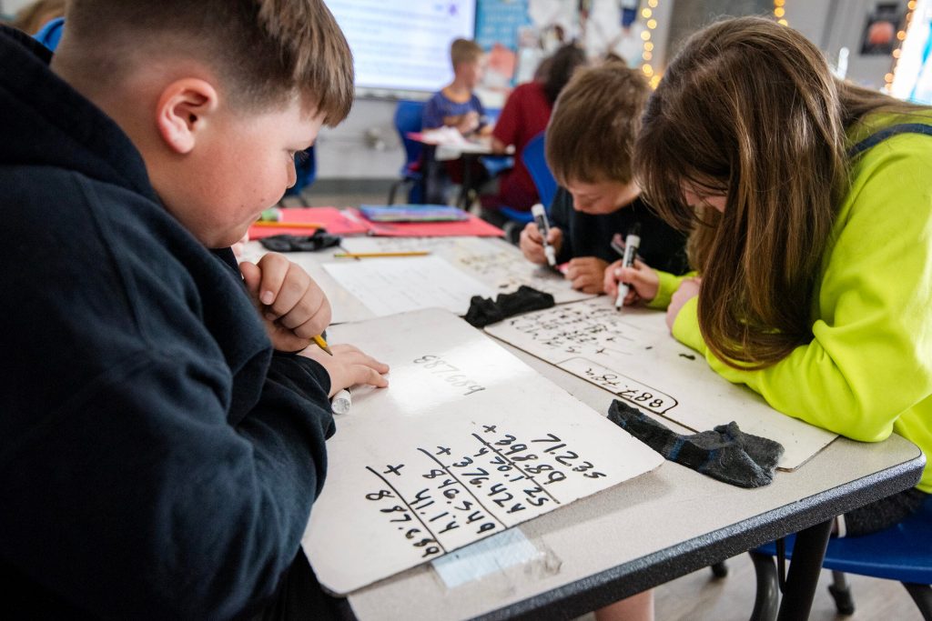 Fifth grade students in math teacher Missy Sperle’s class work independently on classwork Tuesday, April 29, 2025, at Winskill Elementary School in Lancaster, Wis. Angela Major/WPR