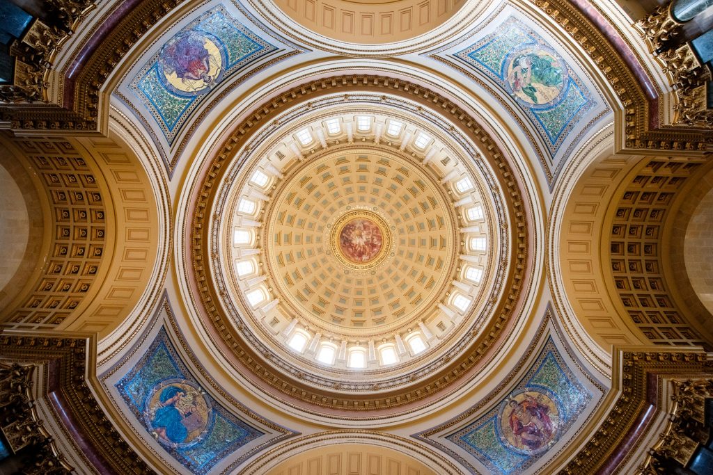 The interior dome of the Wisconsin State Capitol rotunda Monday, July 14, 2025, in Madison, Wis. Angela Major/WPR