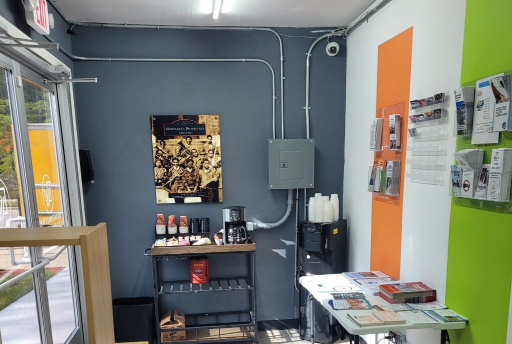 Brochures and other community resources are available inside the The Bronzeville Way Healing and Safe Space in Milwaukee. Photo courtesy of Chaz Fortune