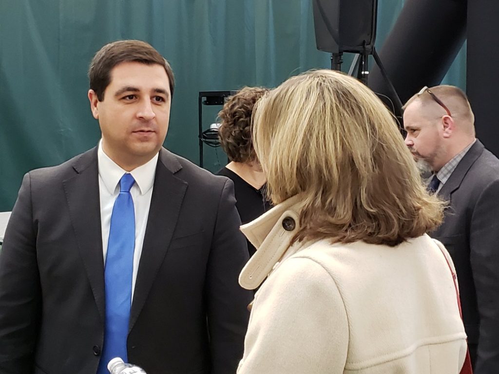 Attorney General Josh Kaul speaks to residents of Marinette during a visit in 2019. (Photo by Erik Gunn/Wisconsin Examiner)