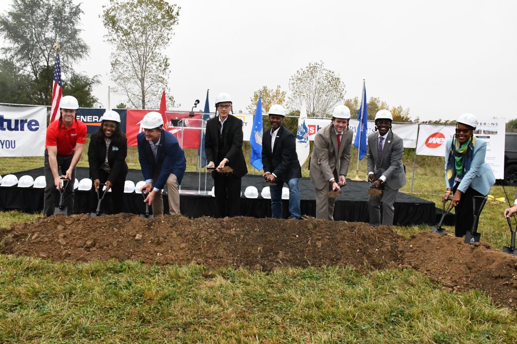 Ceremonial groundbreaking for Veterans Community Project tiny home community. Left to right - Tim Albrecht, Larresa Taylor, Bryan Meyer, Tony Evers, Mark Solomon, Patrick Testin, David Crowley and Cecelia Gore. Photo by Jeramey Jannene.