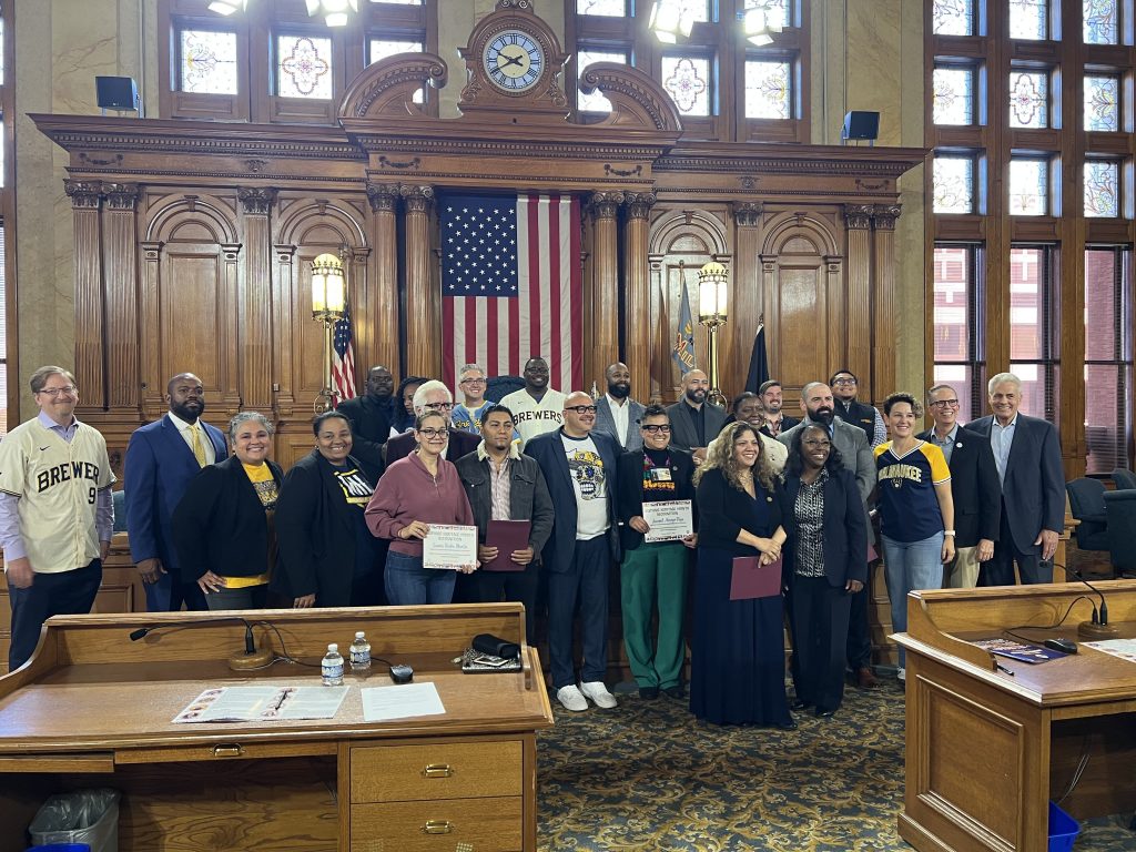 2025 Hispanic Heritage Month honorees pose with the Milwaukee Common Council. Photo by Jeramey Jannene.