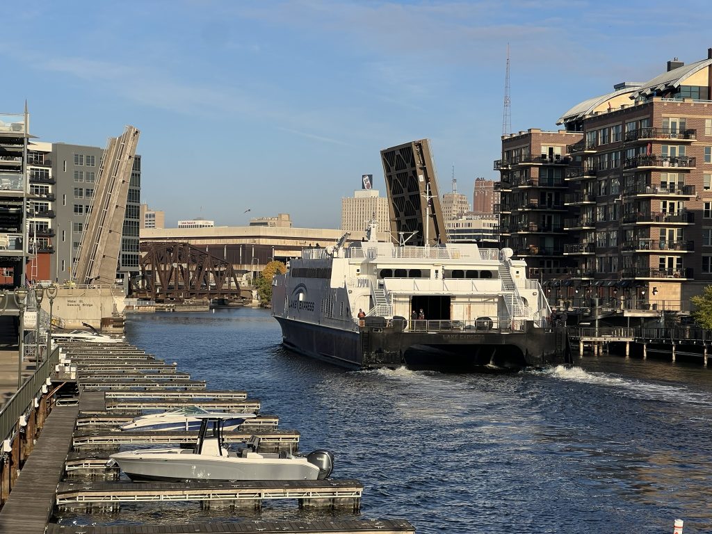 Lake Express Ferry crosses the Water Street Bridge. Photo by Jeramey Jannene.