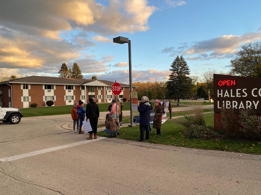 Protestors call for LGBTQ+ books to be banned and the local librarian to be fired. Steph Conquest-Ware/WPR