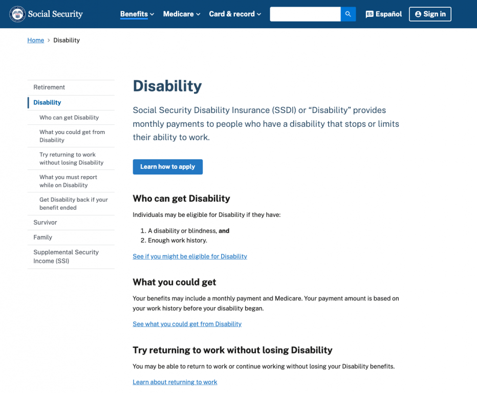 The landing page to apply for federal Social Security Disability Insurance. Returning to work is allowed under SSDI in certain cases.