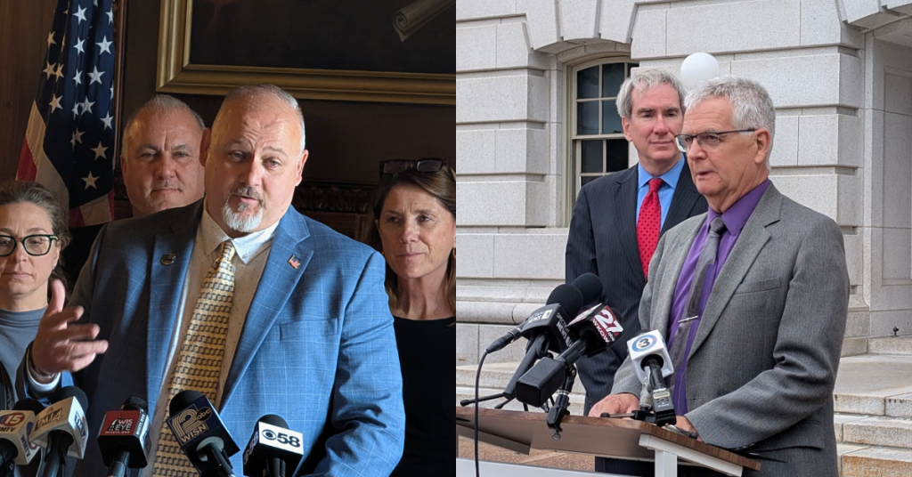 Sen. Jesse James (R-Thorp) will challenge Senate Assistant Minority Leader Jeff Smith (D-Brunswick) in 2026 for Senate District 31. James at press conference in April and Smith at a press conference in September. (Photos by Baylor Spears/Wisconsin Examiner)